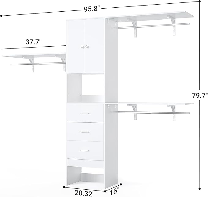 Armocity 96 Inches Closet System with Doors, 8FT Walk In Closet Organizer with 3 Shelving Towers, Heavy Duty Clothes Garment Rack with 3 Wood Drawers, 96" L x 16" W x 80" H, Max Load 1000 LBS, White