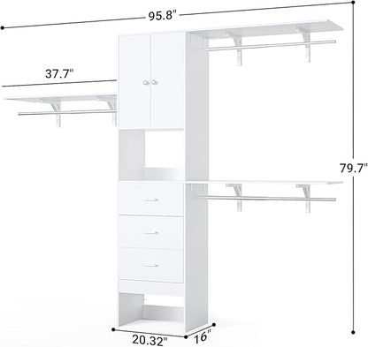 Armocity 96 Inches Closet System with Doors, 8FT Walk In Closet Organizer with 3 Shelving Towers, Heavy Duty Clothes Garment Rack with 3 Wood Drawers, 96" L x 16" W x 80" H, Max Load 1000 LBS, White