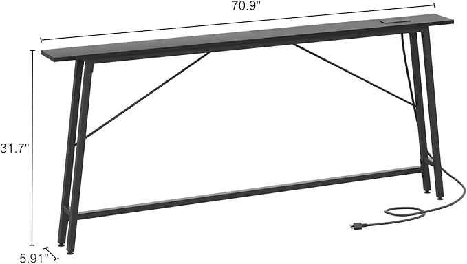 71'' Sofa Table with Power Outlets and LED Light, 5.9" Entryway Table Narrow with Type C & USB Port, Behind The Couch Table, Skinny Console Table for Living Room, Entryway, Hallway, Black