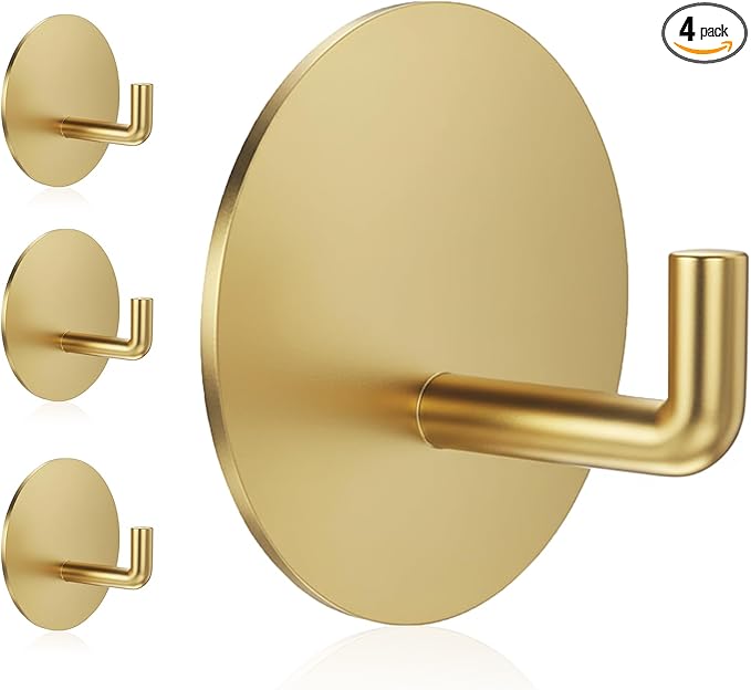 Adhesive Hooks Heavy Duty Waterproof in Shower Hooks for Hanging Loofah, Towels, Clothes, Robes for Bathroom Removable Adhesive Wall Hooks Door Hook Stainless Steel Stick on Hooks 4 Pcs (Gold)