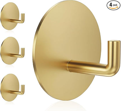 Adhesive Hooks Heavy Duty Waterproof in Shower Hooks for Hanging Loofah, Towels, Clothes, Robes for Bathroom Removable Adhesive Wall Hooks Door Hook Stainless Steel Stick on Hooks 4 Pcs (Gold)