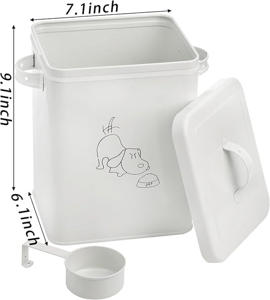 SOUJOY Pet Treat and Food Storage Bin with Lid and Scoop, 5LBS White Vintage Farmhouse Storage Tin, Coated Carbon Steel Canister, Gift for Dogs Owners