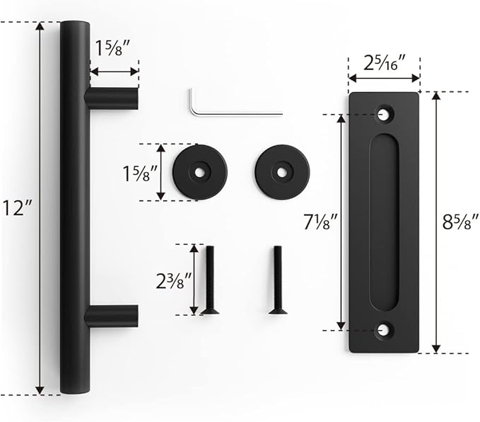 SMARTSTANDARD 12" Heavy Duty Sliding Barn Door Handle, Pull and Flush Hardware Set, Black Powder Coated Finish, Large Rustic Two-Side Design, Round