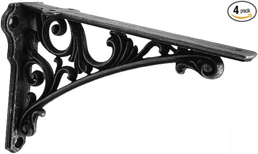 Decorative Shelf Bracket 8 inch, Rustic Black Iron Brackets for Shelving, Heavy Duty Vintage, DIY Projects, Hardware Included, 4 Pack, 7.87x5.6x1.73 inch,Baroque Style