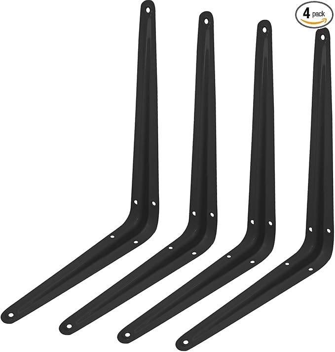 4 Pcs Black Steel Wall Mount Shelf Brackets, 10 x 12 Inch Heavy Duty Metal Corner Angle Shelves with Wall Anchors and Screws