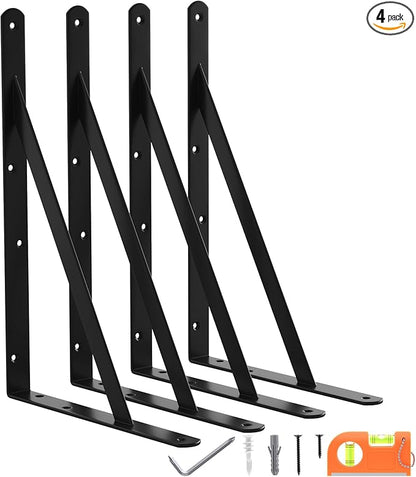 4-Pack 14 Inch Heavy Duty Shelf Brackets, Large Floating Wall Bracket for Garage Storage Shelves, Black Powder-Coated Finish, Load Capacity 800lbs
