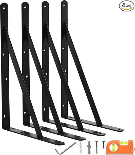 4-Pack 14 Inch Heavy Duty Shelf Brackets, Large Floating Wall Bracket for Garage Storage Shelves, Black Powder-Coated Finish, Load Capacity 800lbs