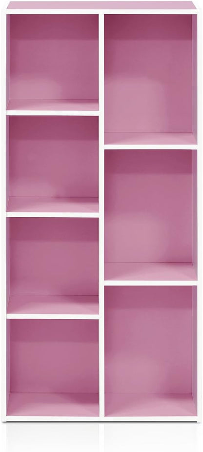 Furinno LUDER Book Shelf, 7-Cube Bookshelf, Bookcase, 9.4 x 19.5 x 41.7, for Living Room, Bedroom, Home Office, White/Pink