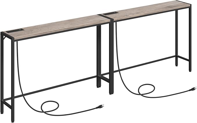 Console Table, 2 Pack Narrow Sofa Table, 43.3” Entrance Table with Power Station, Behind Couch Table, for Living Room, Hallway, Entryway, Foyer, Greige and Black CTHG112E01S2