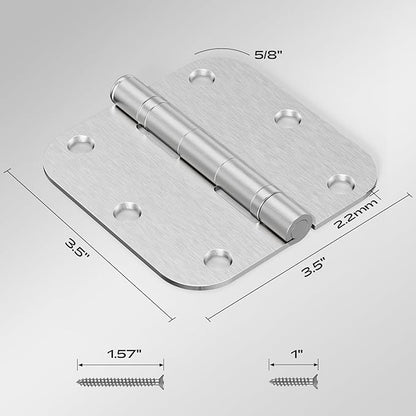 6 Pack Brushed Nickel Door Hinges 3.5 Inch 5/8" Radius Round Premium Ball Bearing Smooth Quiet Hardware Modern Round Edge Interior Hinges for Bedroom Doors