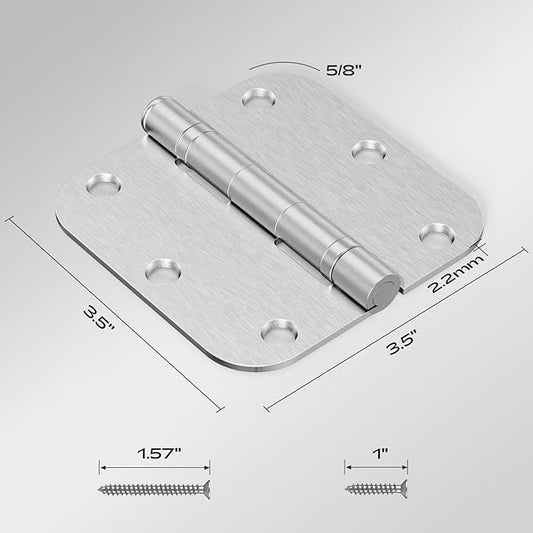 3 Pack Brushed Nickel Door Hinges 3.5 Inch 5/8" Radius Round Anti-Squeak Ball Bearing Quiet Interior Hinge Flat Iron Hardware for Closet Doors and Home Improvement