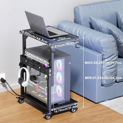 Computer Tower Stand with Power Outlet, 6 Level Height Ajustable PC Tower Stand for Floor, Mobile Rolling CPU Holder Cart for Gaming, Office, Home, 21.34"-28.3", Black