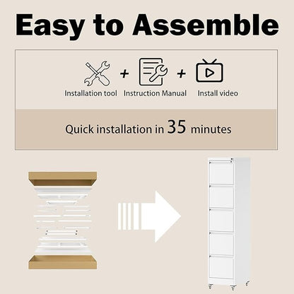 5 Drawers Filing Cabient with Wheel, File Cabinet with Lock, Steel Vertical Filing Storage Cabinet for Office, Heavy-Duty File Cabinets for Letters/Legal/A4 (Require Assembly, White)