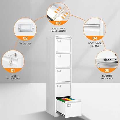 5 Drawer File Cabinet with Lock, Metal Filing Cabinets for Home Office, Vertical White Locking File Caninet, Steel Narrow Five Drawer File Cabnet for Letter/Legal / A4 / B4- Assembly Required