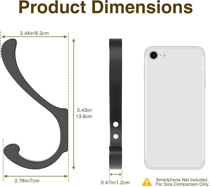 Coat Hooks for Hanging Heavy Duty - Extra Large (5.4 inch) Wall Mount Hooks for Backpacks, Purses, Clothes, Towels, Bags - Black Metal Screw-in Hooks for Mudroom, Closet, Door, Bathroom - 4 Pack