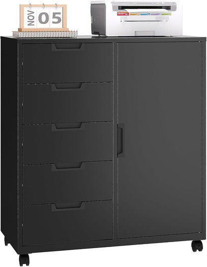 5 Drawer Metal Cabinet, Office Storage Cabinet w/Universal Wheels, Printer Stand with Storage Shelves, Rolling File Cabinets for Home Office(Black)