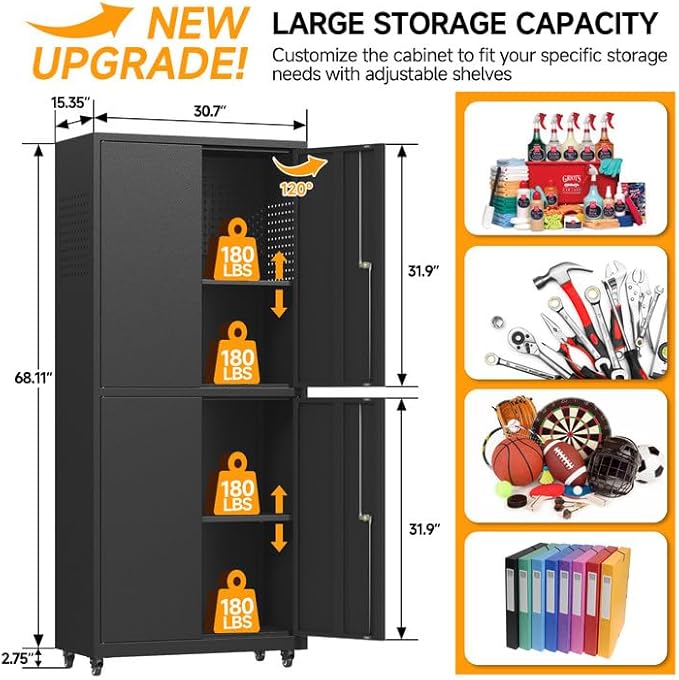 Metal Cabinet with Wheels,72.8" H Rolling Tool Storage Cabinet with Locking Doors and Adjustable Shelves,Garage Organization Cabinets,Lockable Storage Cabinet on Wheels for Garage,Warehouse (Black)