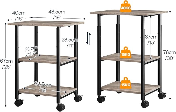 HOOBRO Printer Stand, 3-Tier Industrial Under Desk Printer Cart with Shelf, Mobile Heavy Duty Storage Rack on Wheels for Home, Office, Grey and Black BG03PS01G1