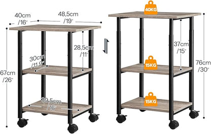 HOOBRO Printer Stand, 3-Tier Industrial Under Desk Printer Cart with Shelf, Mobile Heavy Duty Storage Rack on Wheels for Home, Office, Grey and Black BG03PS01G1