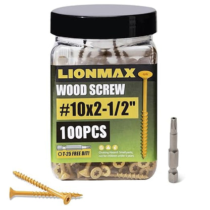 LIONMAX Deck Screws 2-1/2 Inch, Wood Screws #10 x 2-1/2", 100 PCS, Rust Resistant, Exterior Epoxy Coated, Outdoor Decking Screws, Torx/Star Drive Head Deck Screw, T25 Star Bit Included, Tan