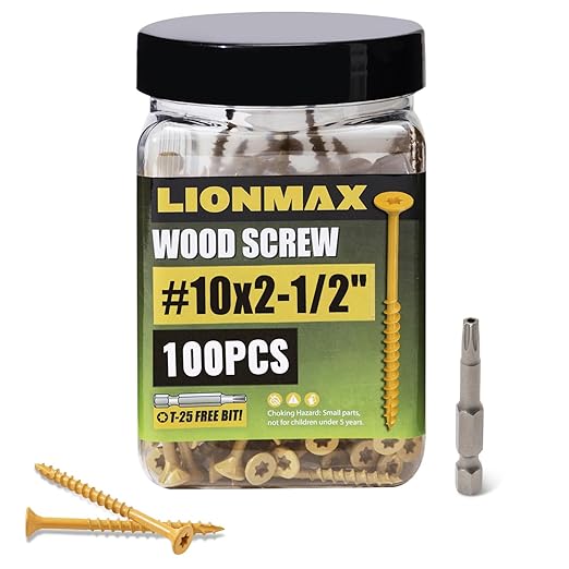 LIONMAX Deck Screws 2-1/2 Inch, Wood Screws #10 x 2-1/2", 100 PCS, Rust Resistant, Exterior Epoxy Coated, Outdoor Decking Screws, Torx/Star Drive Head Deck Screw, T25 Star Bit Included, Tan