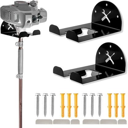 Upgraded Trimmer Rack Wall Mount - 8" Heavy Duty Weed Eater Hanger for Garage Wall, Garden Power Tool Holder Organizer Hooks for Grass Trimmer, Hedge Trimmer, Leaf Blower and Chainsaw, Black, 2 Pack