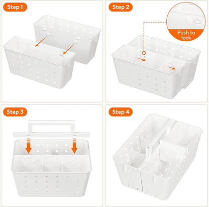 Lifewit Shower Caddy Portable, Plastic Bathroom Organizer with Handle and Holes, Hard Cleaning Basket for Toiletry Storage, College Dorm Essentials, White, 3 Packs