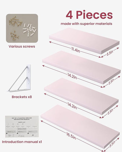 BAYKA Wall Shelves for Bedroom Decor, Floating Wall Shelf for Living Room Kitchen Storage, Mounted Rustic Wood Shelves for Kids Books, Corner Shelf for Bathroom(Pink，16in，Set of 4)
