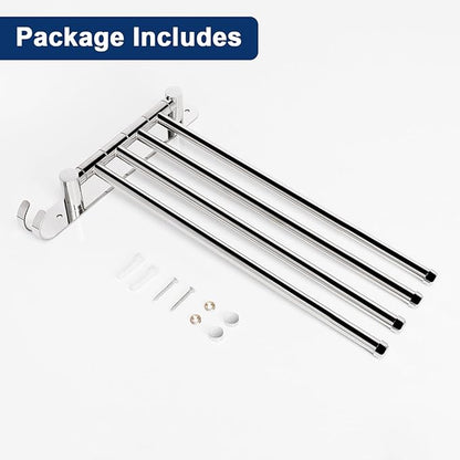 NearMoon Swivel Towel Rack, 13.8" Thicken 304 Stainless Steel 4-Arm Towel Bar, Space Saving Wall Mounted Towel Holder with Hook, Rustproof Swing Out Towel Hanger for Bathroom, Kitchen (Chrome Finish)