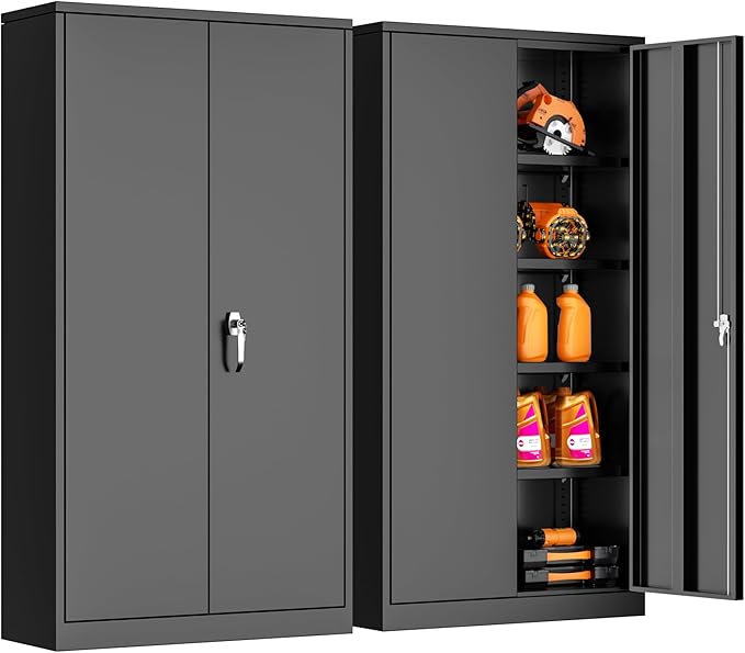 Bonusall Metal Cabinet,Garage Storage Cabinets with Door and Shelves, 72" H Tool Cabinet with 2 Lockable Doors, Locking Locker Cabinet for Home Office,Warehouse,School(Black)