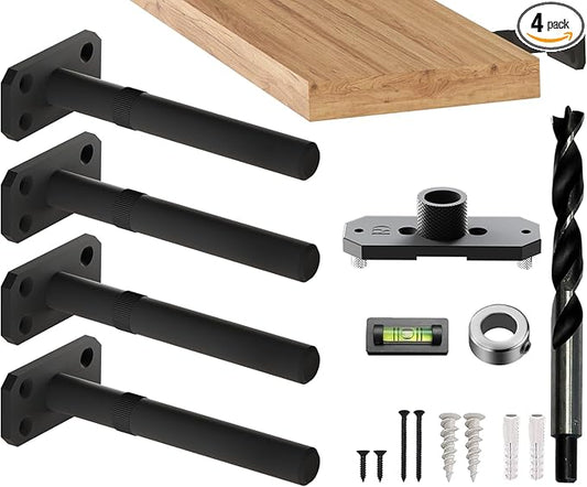 Invisible Floating Shelf Bracket 5 Inch Rod 3/4 inch Diameter Heavy Duty with Jig – Hidden Metal Mantel Mount for Wall Shelves – Floating Shelf Hardware for Bathroom, Kitchen & Living Room (4 Pack)