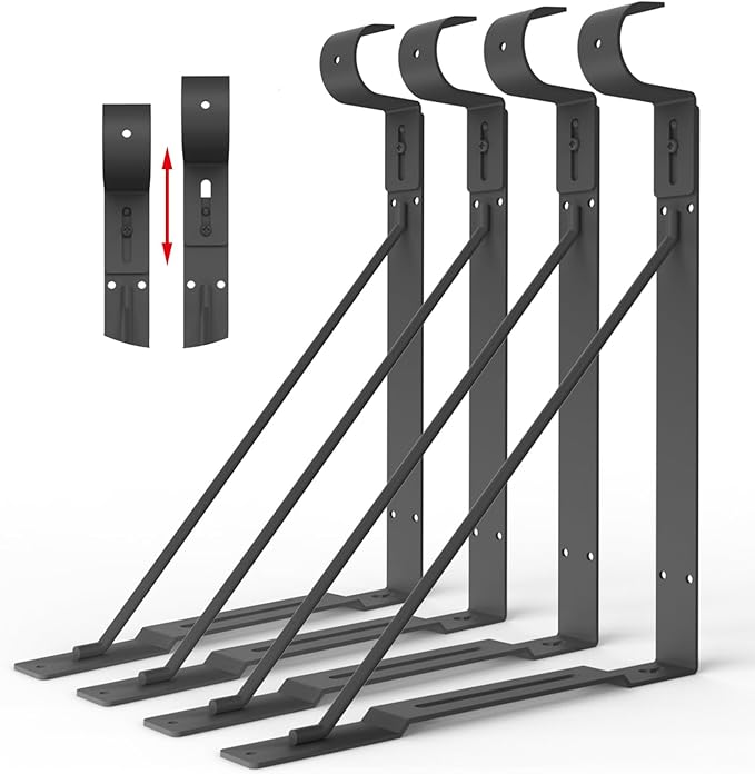Eau Adjustable Hook Closet Rod Bracket, 4 Packs of Black Heavy Duty Closet Shelf and Rod Brackets for Shelf Storage and Closet Rod, Wall Mounted Closet Shelves Bracket