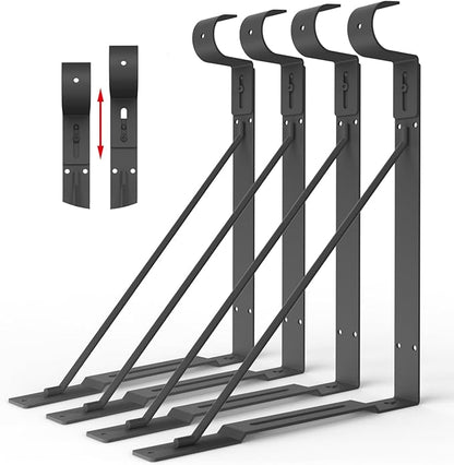Eau Adjustable Hook Closet Rod Bracket, 4 Packs of Black Heavy Duty Closet Shelf and Rod Brackets for Shelf Storage and Closet Rod, Wall Mounted Closet Shelves Bracket