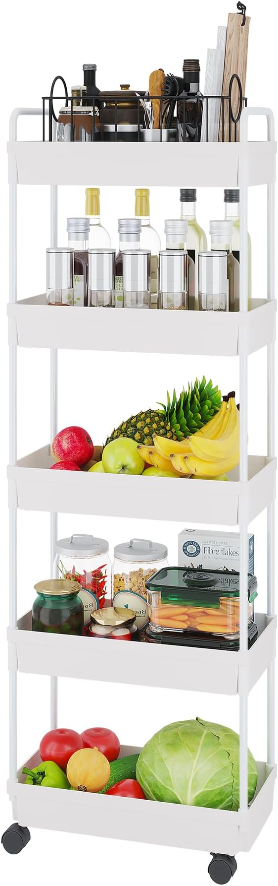 Buzowruil Rolling Storage Cart 5 Tier Organizer Mobile Shelving Unit Storage Rolling Utility Cart with Wheels for Kitchen Bathroom Laundry,White