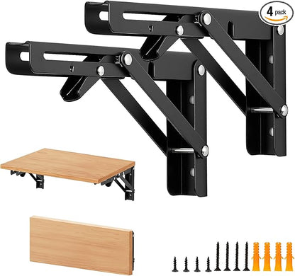 Home Expert 8 Inch Folding Shelf Brackets, 4 Pack (2 Pairs) Heavy Duty Metal Collapsible Wall-Mounted Brackets, Space-Saving DIY Foldable Shelf for Benches and Tables, Matte Black