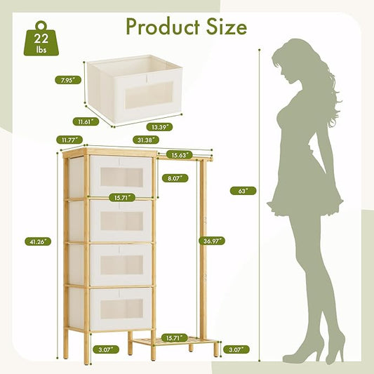 Bamboo Dresser with Hanging Rack, 4-Drawer Small Closet Organizer for Bedroom, Tall Storage Tower with Clothes Rack, Natural Wood 41.4" H x 31.3" W–Space-Saving Design, Easy Assembly