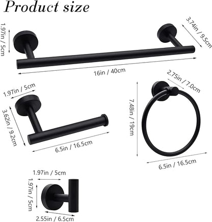 Bathroom Hardware Towel Bar Set - Matte Black Bathroom Accessories Set - Including 16" Hand Towel Bars - Toilet Paper Holders - Towel Rings - Robe Towel Hooks