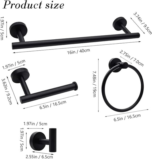 Bathroom Hardware Towel Bar Set - Matte Black Bathroom Accessories Set - Including 16" Hand Towel Bars - Toilet Paper Holders - Towel Rings - Robe Towel Hooks