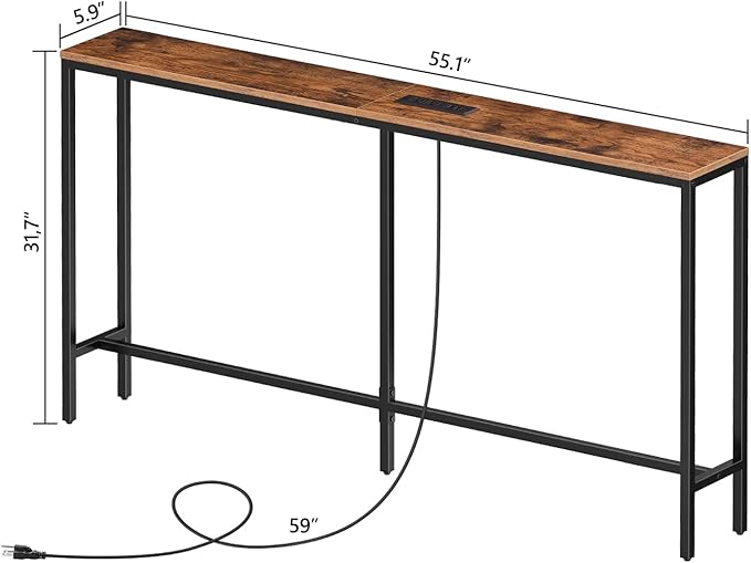 Skinny Console Table with Power Outlets, 55.1" Narrow Sofa Table, Behind Couch Table with Charging Station, Sofa Hallway Table for Plants, Living Room CTHR145E01