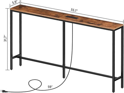 Skinny Console Table with Power Outlets, 55.1" Narrow Sofa Table, Behind Couch Table with Charging Station, Sofa Hallway Table for Plants, Living Room CTHR145E01