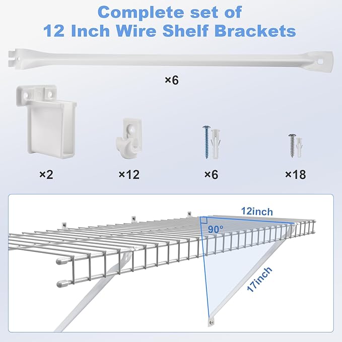 12 Inch Wire Shelf Brackets Set, 6 Pack Metal White Closet Support Bracket with End Brackets & Clips for Wire Shelving Wall Bracket Installation, Support Wire Closet Shelves Racks (6 Pack)