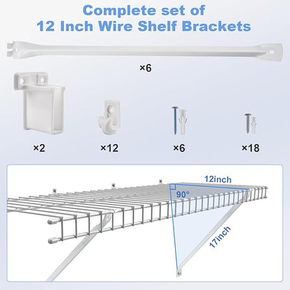 12 Inch Wire Shelf Brackets Set, 6 Pack Metal White Closet Support Bracket with End Brackets & Clips for Wire Shelving Wall Bracket Installation, Support Wire Closet Shelves Racks (6 Pack)