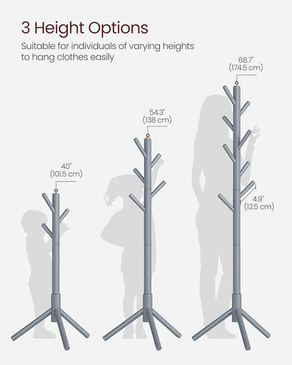 VASAGLE Solid Wood Coat Rack, Free Standing Tree-Shaped Coat Rack with 8 Hooks, 3 Height Options, for Clothes, Hats, Bags, Living Room, Bedroom, Home Office, Gray URCR04GY