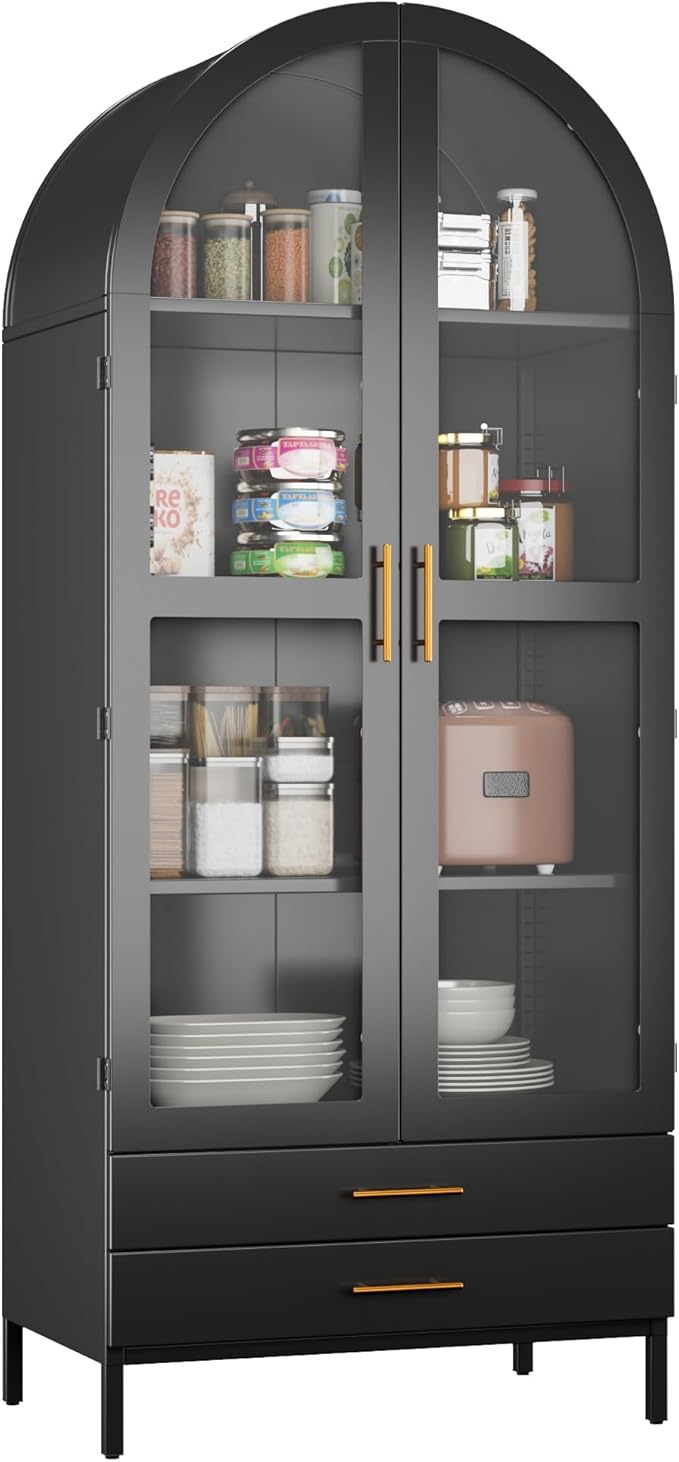 Metal Arched Pantry Cabinet with 2 Drawers,Black Arched Cabinet with Glass Door for Kitchen Home, Assemble Required,Black,72.76"×30.83" W×16.10" D