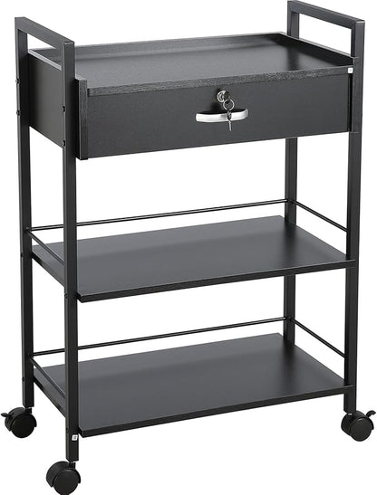 VEVOR Beauty Salon Trolley Cart, 3-Tier Hair Salon Stations Cabinet for Stylist with Lockable Drawer, MDF Rolling Storage Station with 4 Wheels (2 Lockable) for Beauty SPA Barbershop Tattoo