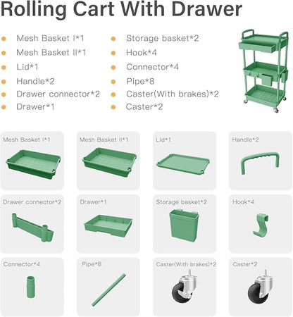 3 Tier Rolling Cart Organizer,Laundry Room Bathroom Organizers and Storage Office Shelves Mobile Shelving Unit Kitchen Trolley Cart with Wheels for Art,Craft,Diaper,Bedside,Snack(Green)