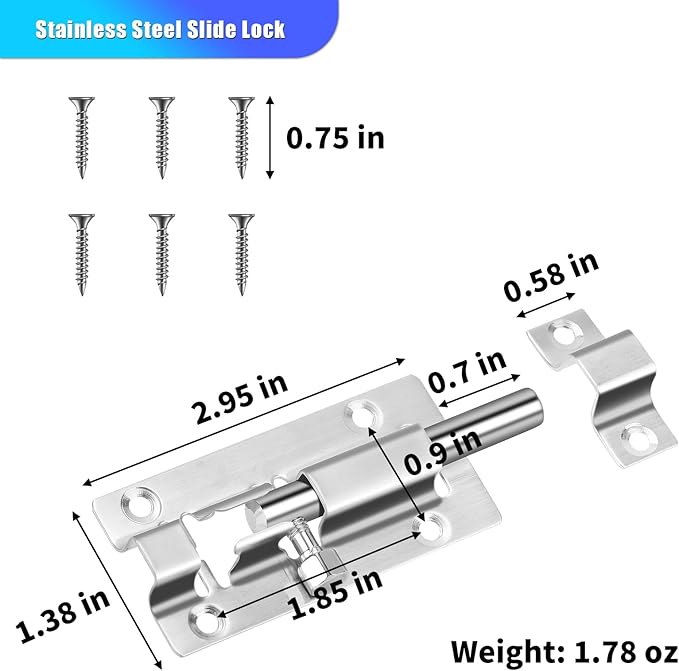 6 Pack Slide Lock, 3 Inch Barrel Bolt Latch, Premium Door Latch Lock with 36 Screws, Stainless Steel Slide Locks for Inside Door