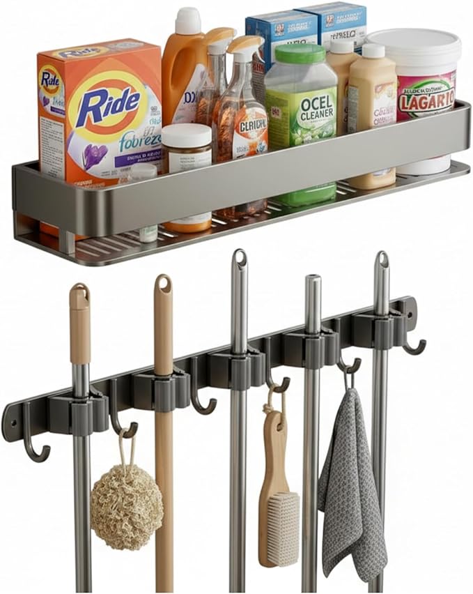Wall Mount Organizer with Heavy-Duty Hooks and Sturdy Shelf - Holds Brooms, Mops, Vacuums & Cleaning Supplies. Perfect for Laundry Room Organization, Garage Storage, and Closet Shelving（24 inches）