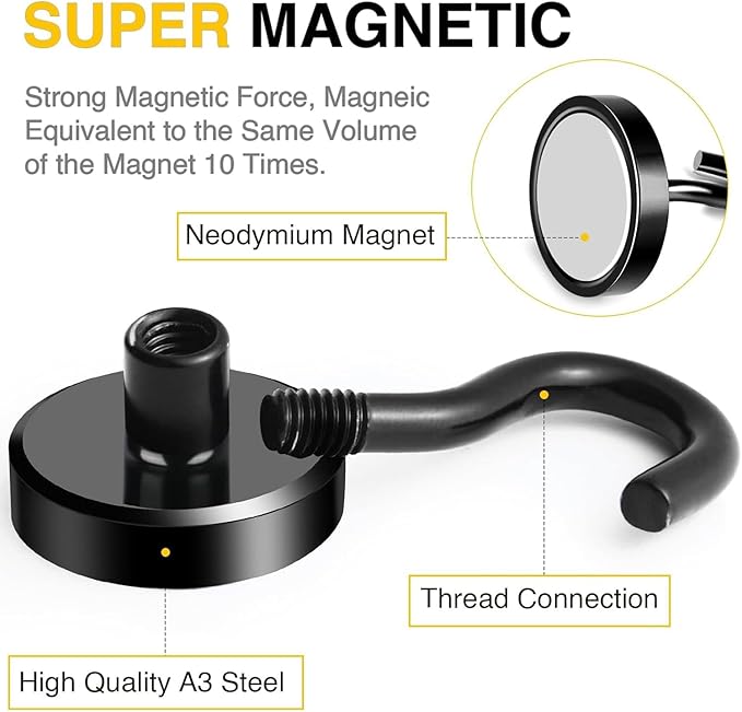 DIYMAG Black Magnetic Hooks, 50 LB Heavy Duty Strong Magnets with Hook, Rare Earth Neodymium Magnet for Cruise Cabins Ship Essentials 12 Packs