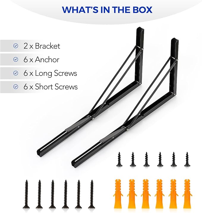Ravinte 2 Pack 24 Inch Folding Shelf Brackets – Matte Black, Heavy Duty Collapsible Brackets for Tables and Benches – Space-Saving Design